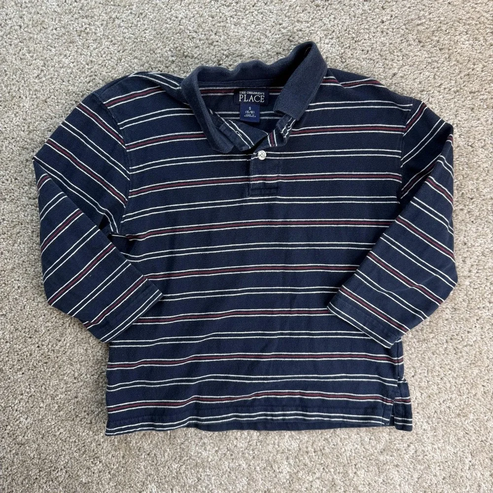 The Children's Place Polo Shirt Kids Small 5-6 Blue Stripe Long Sleeve Cotton